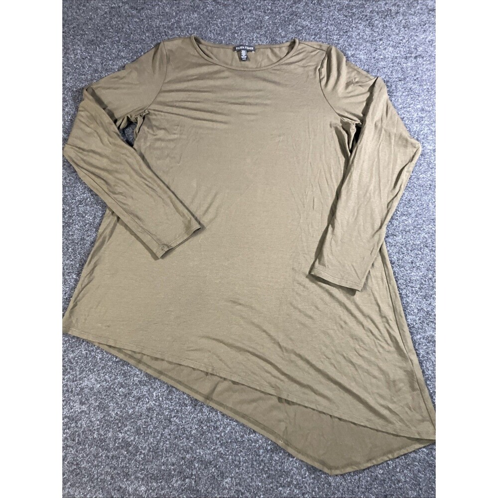 Eileen Fisher Asymmetrical Hem Tunic Top Long Sleeve Olive Green Jersey Sz M